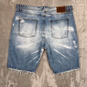 Akoo Mens 40 Distressed Bleached Tie Dye Denim Shorts Light Wash Raw Hem Street